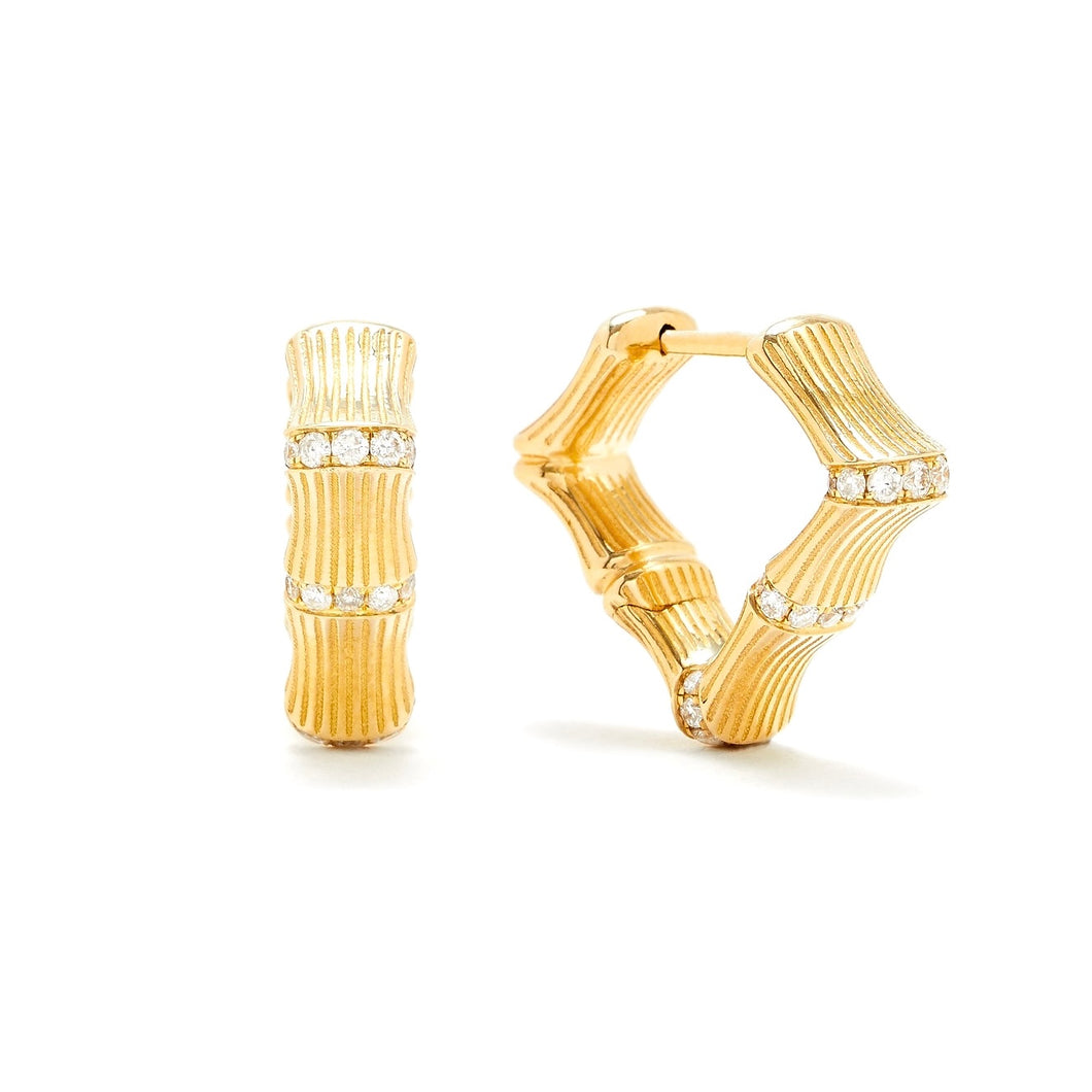 Small or Large Bamboo Fluted Gold & Diamond Hoop Earrings
