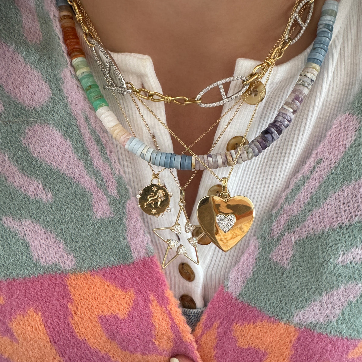 Double Sided Mother Of Pearl & Diamond Heart Necklace