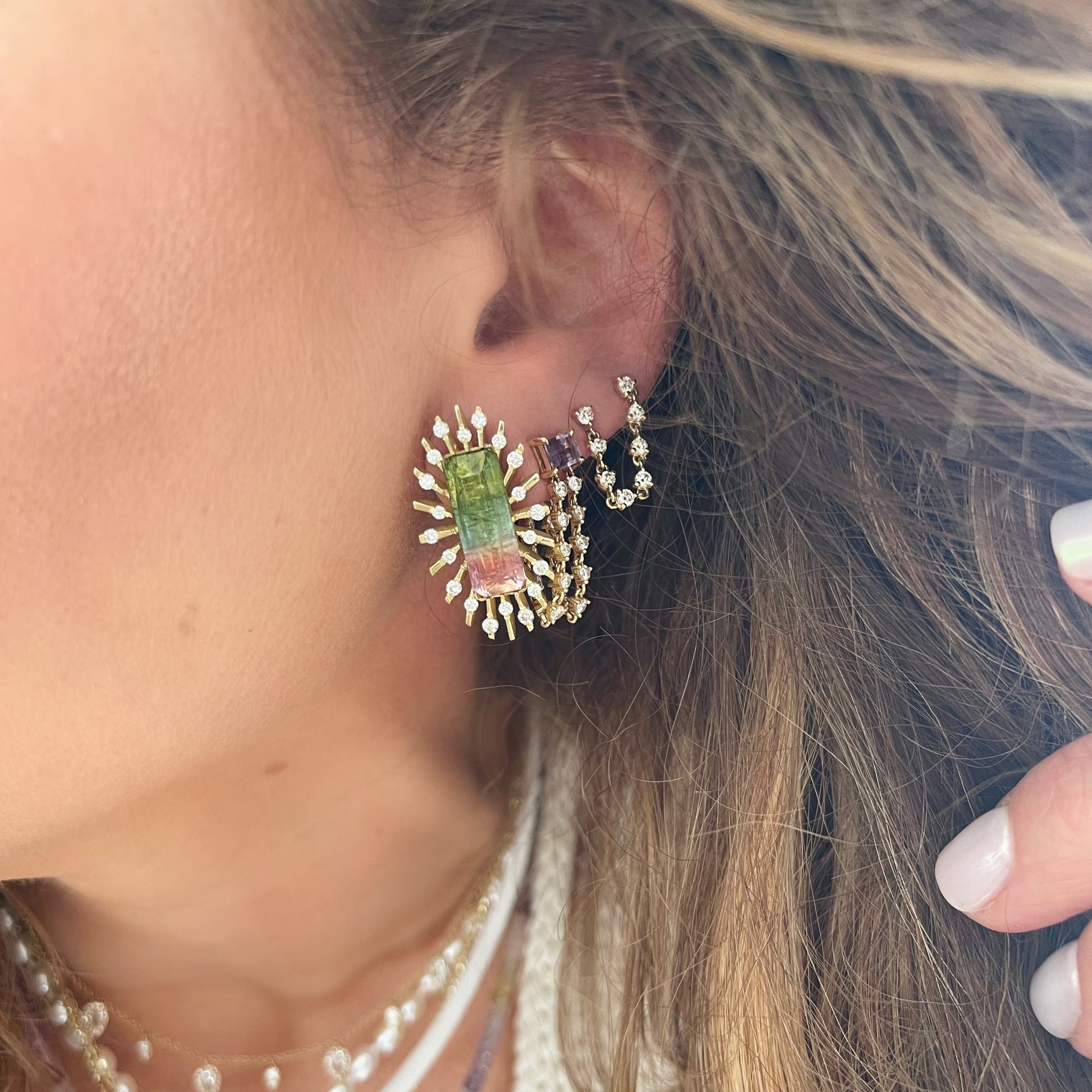 One of a Kind Watermelon Tourmaline & Diamond Earrings