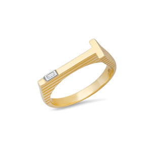 Chunky Textured Initial Baguette Diamond Stacking Ring