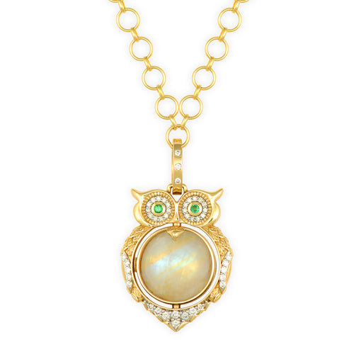 Moonstone & Sapphire Double Sided Wise Owl Locket Pendant