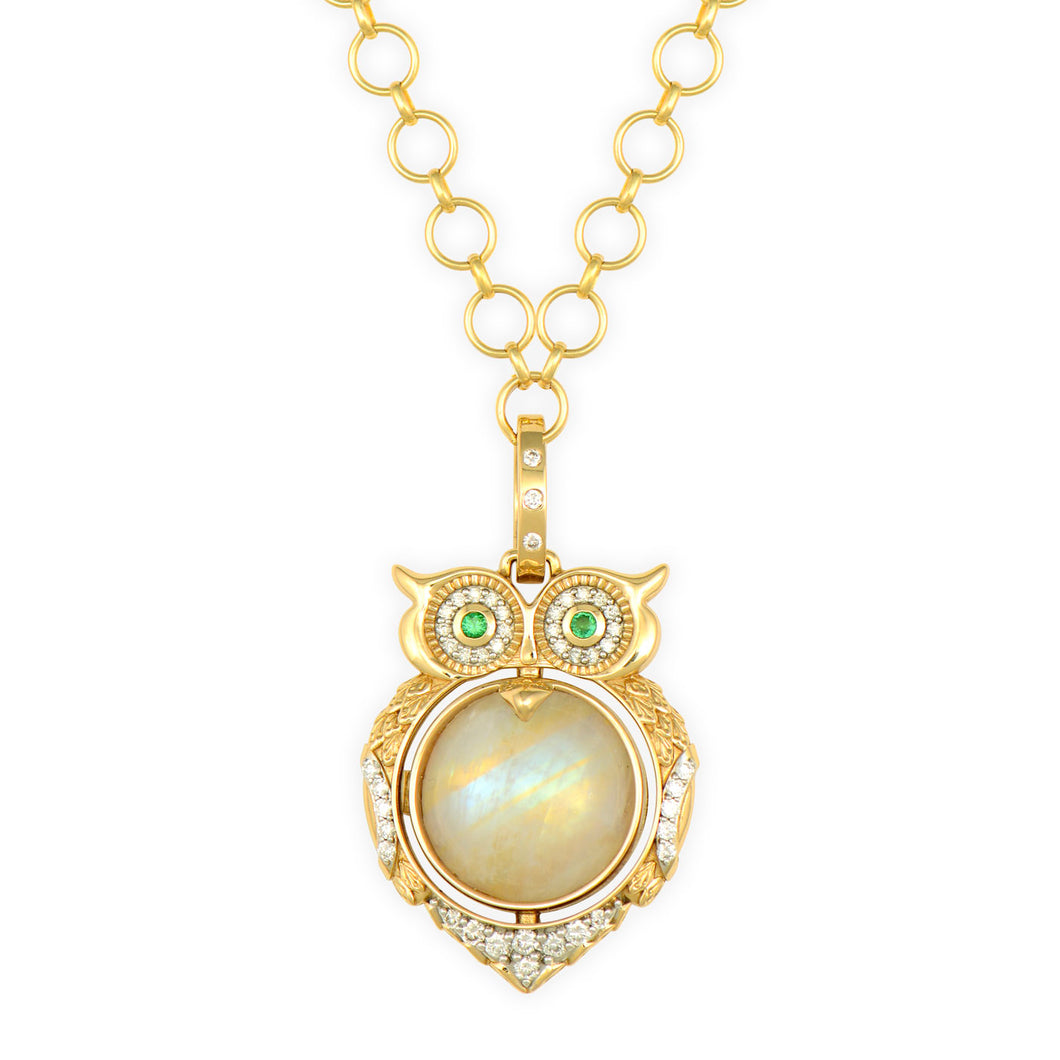 Moonstone & Sapphire Double Sided Wise Owl Locket Pendant