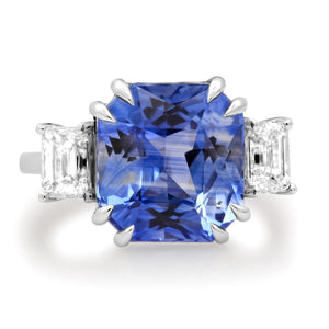 One of A Kind Emerald Cut Sapphire & Diamond Three-Stone Ring