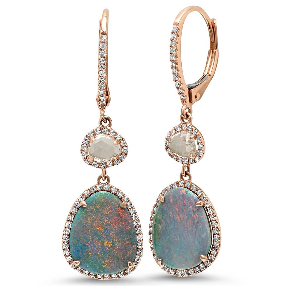Opal and White Topaz with Diamond Halo Drop Earrings