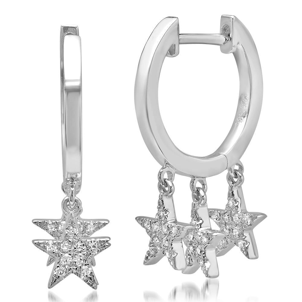 Triple Pave Diamond Star Drop Huggie Hoop Earrings