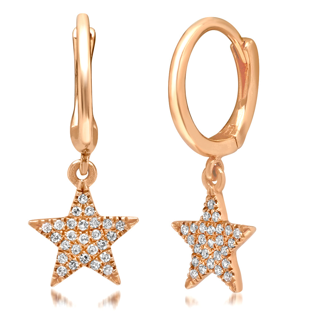 Pave Diamond Star Drop Huggie Hoop Earrings