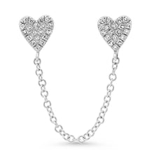 Double Pierce Diamond Heart Stud Chain Earrings