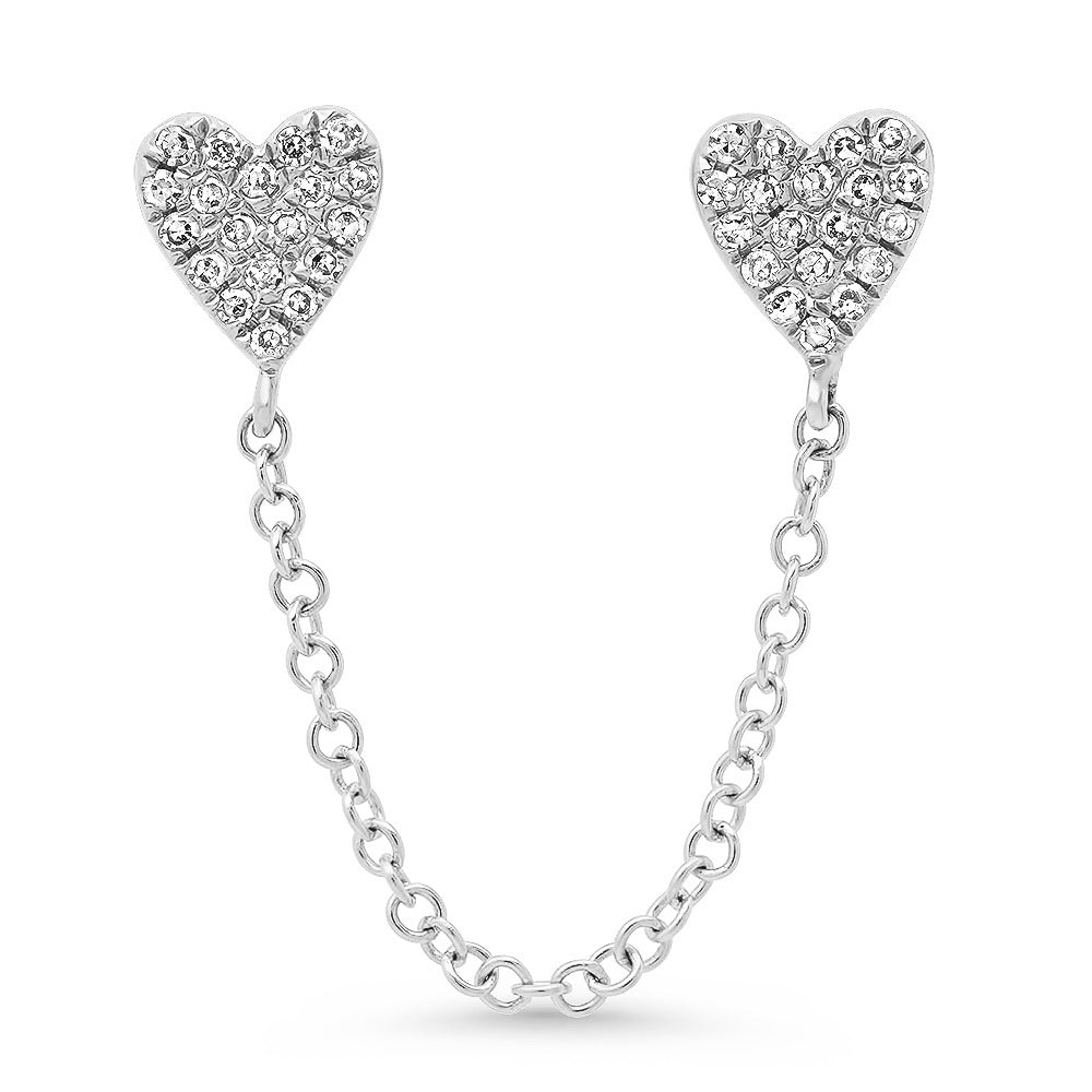Double Pierce Diamond Heart Stud Chain Earrings