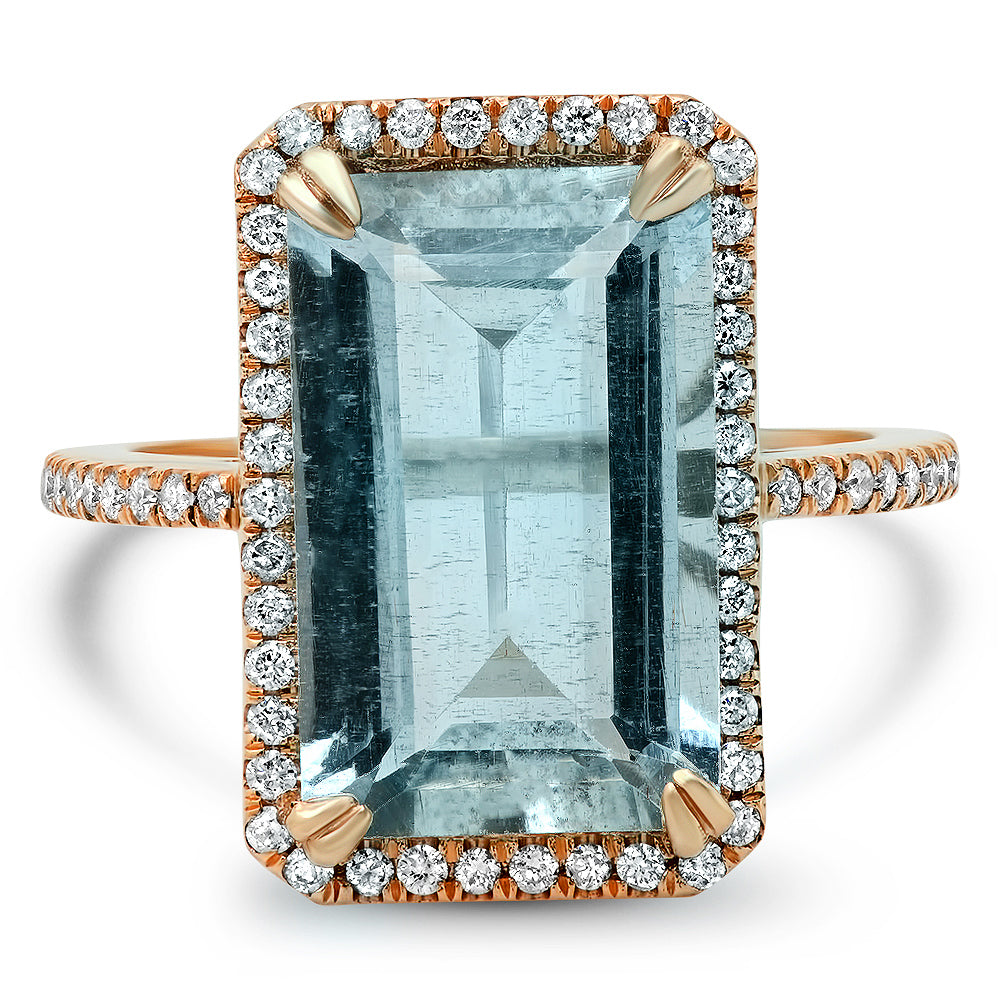 Emerald Cut Aquamarine with Diamond Halo Statement Ring