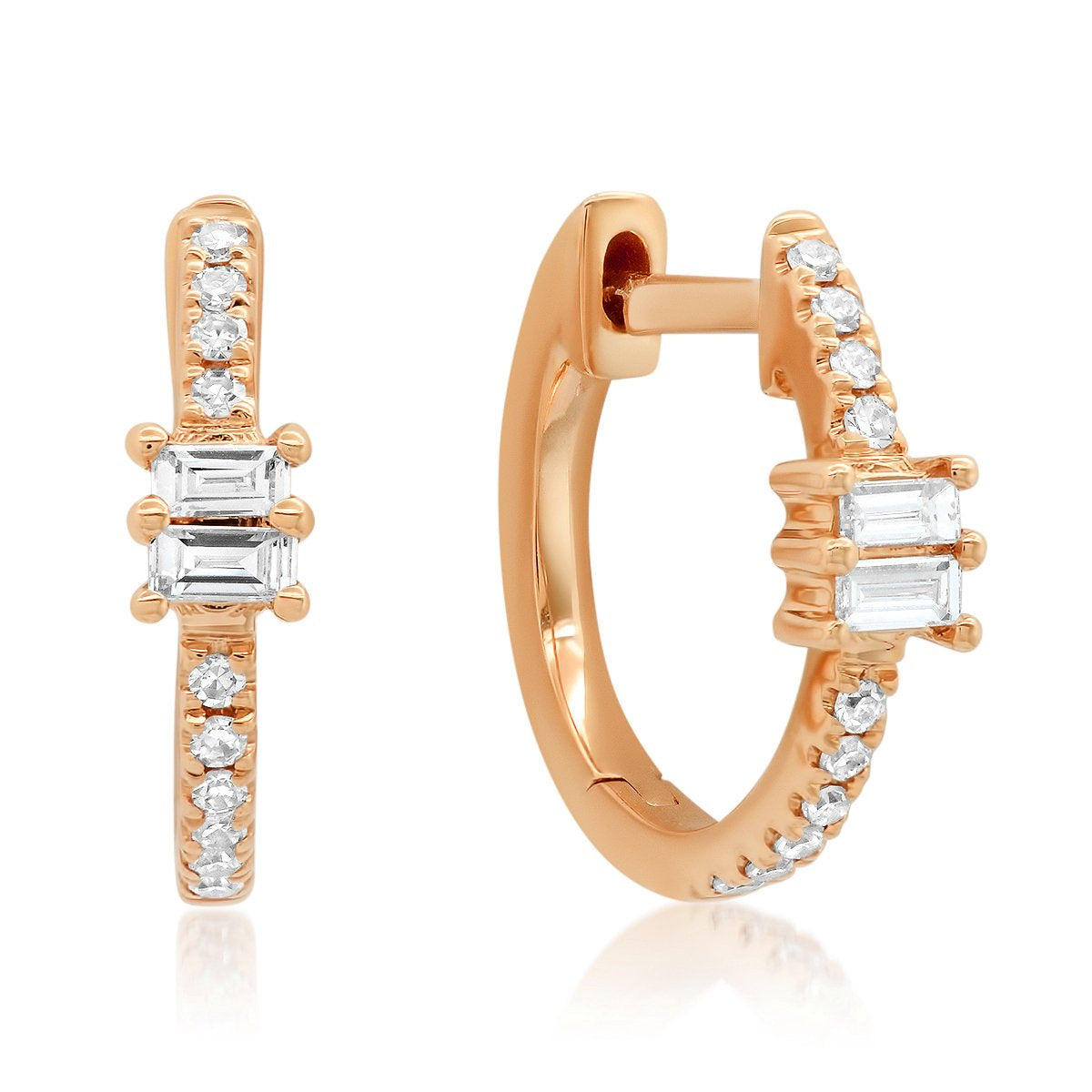 Diamond Huggie Earrings with Double Baguette Accents