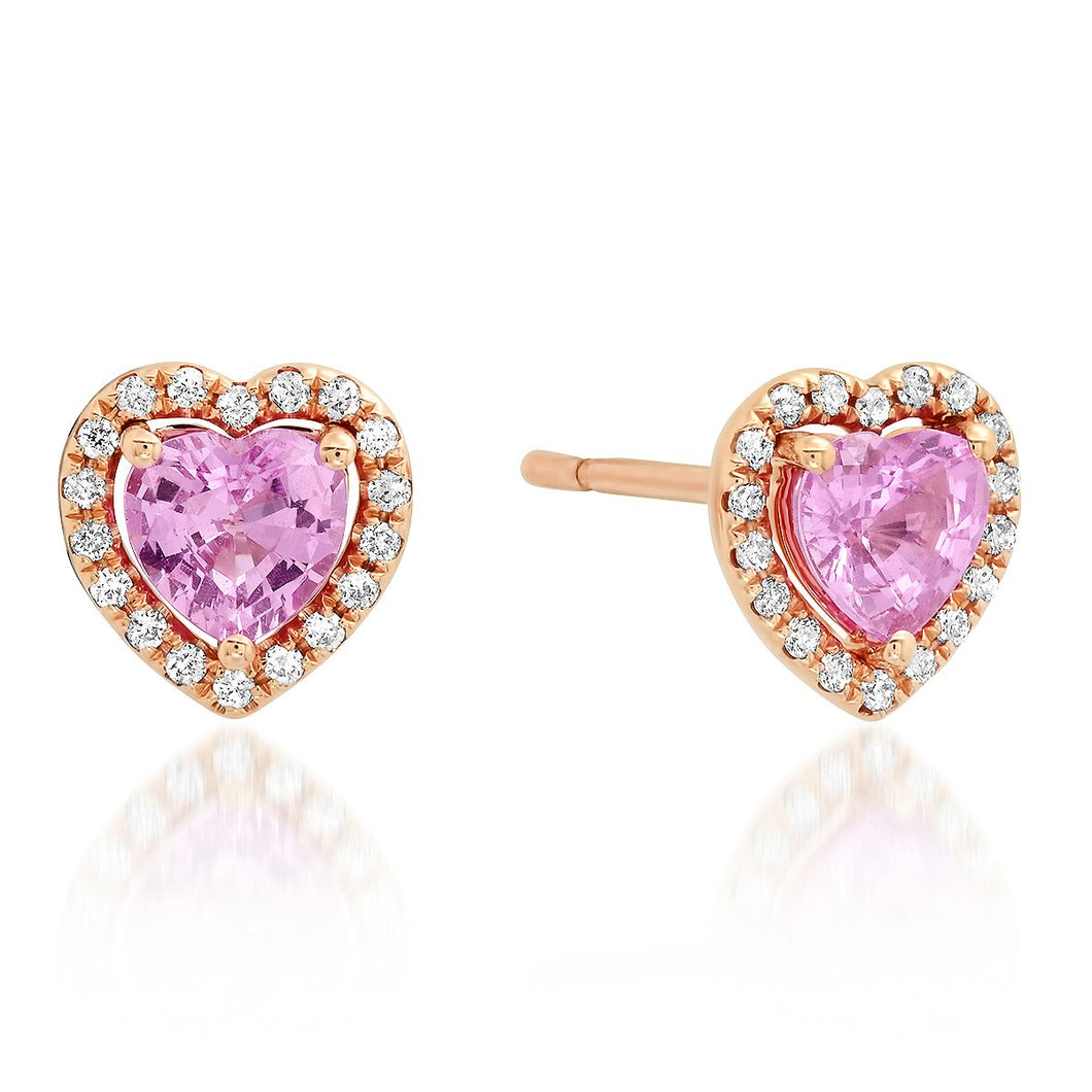 Pink Sapphire & Diamond Heart Stud Earrings