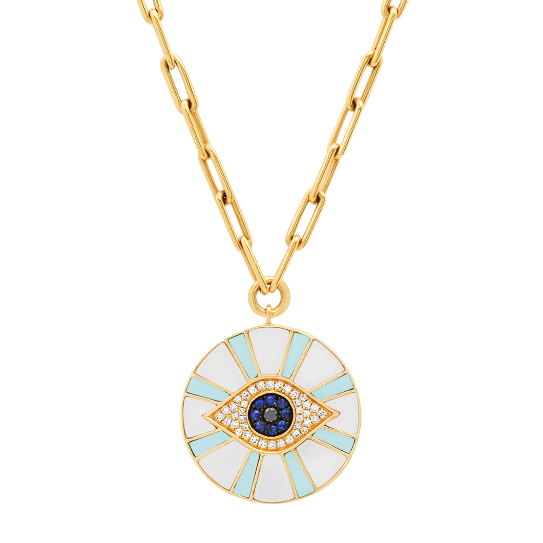 Diamond Evil Eye Coin with Mother of Pearl & Turquoise Inlay on Paperclip Chain Necklace 