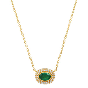 Oval Green Emerald with Pave Diamond Frame Necklace