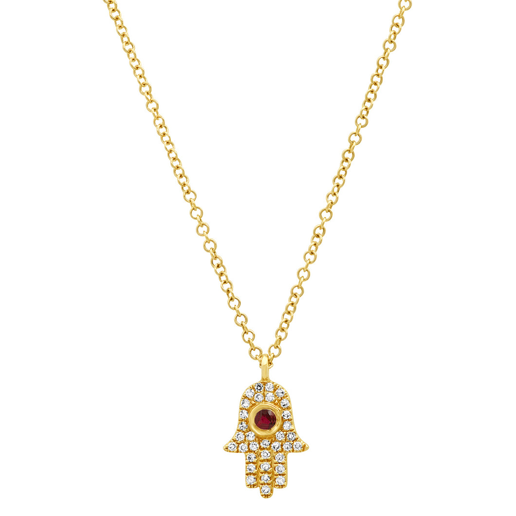 Mini Diamond Hamsa Necklace with Ruby Center
