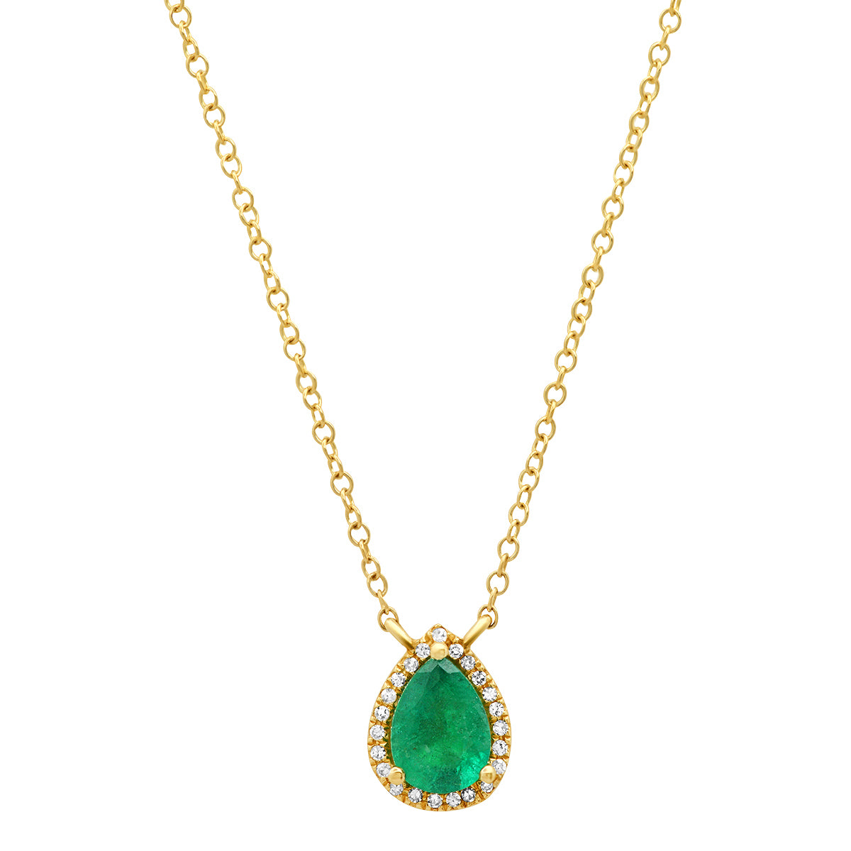 Pear Shape Green Emerald with Pave Diamond Frame Necklace