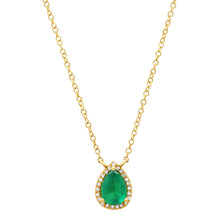 Pear Shape Green Emerald with Pave Diamond Frame Necklace