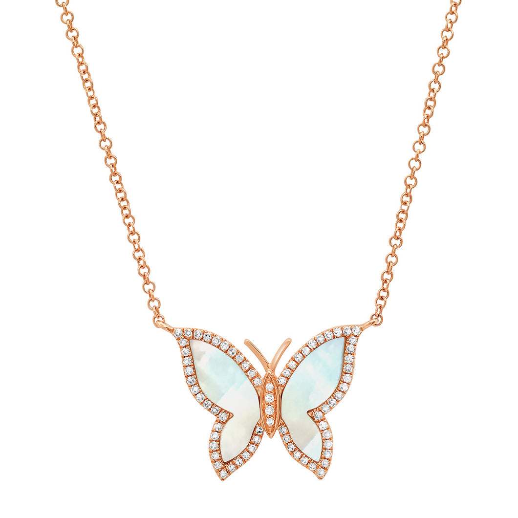 Mother of Pearl Butterfly with Diamond Frame Necklace