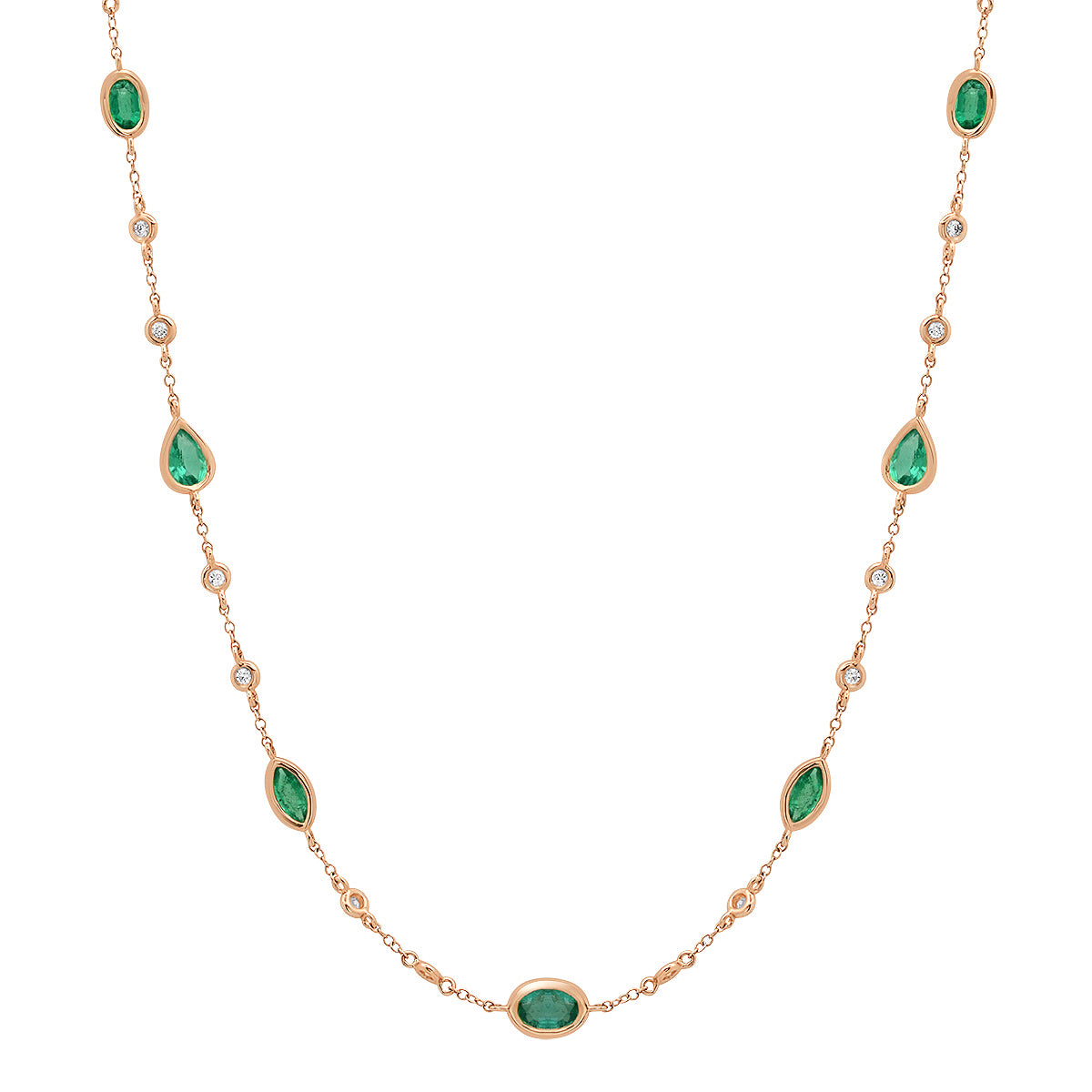 Bezel Set Emerald Shapes & Diamonds by the Yard Necklace