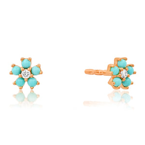 Turquoise and Diamond Flower Stud Earrings