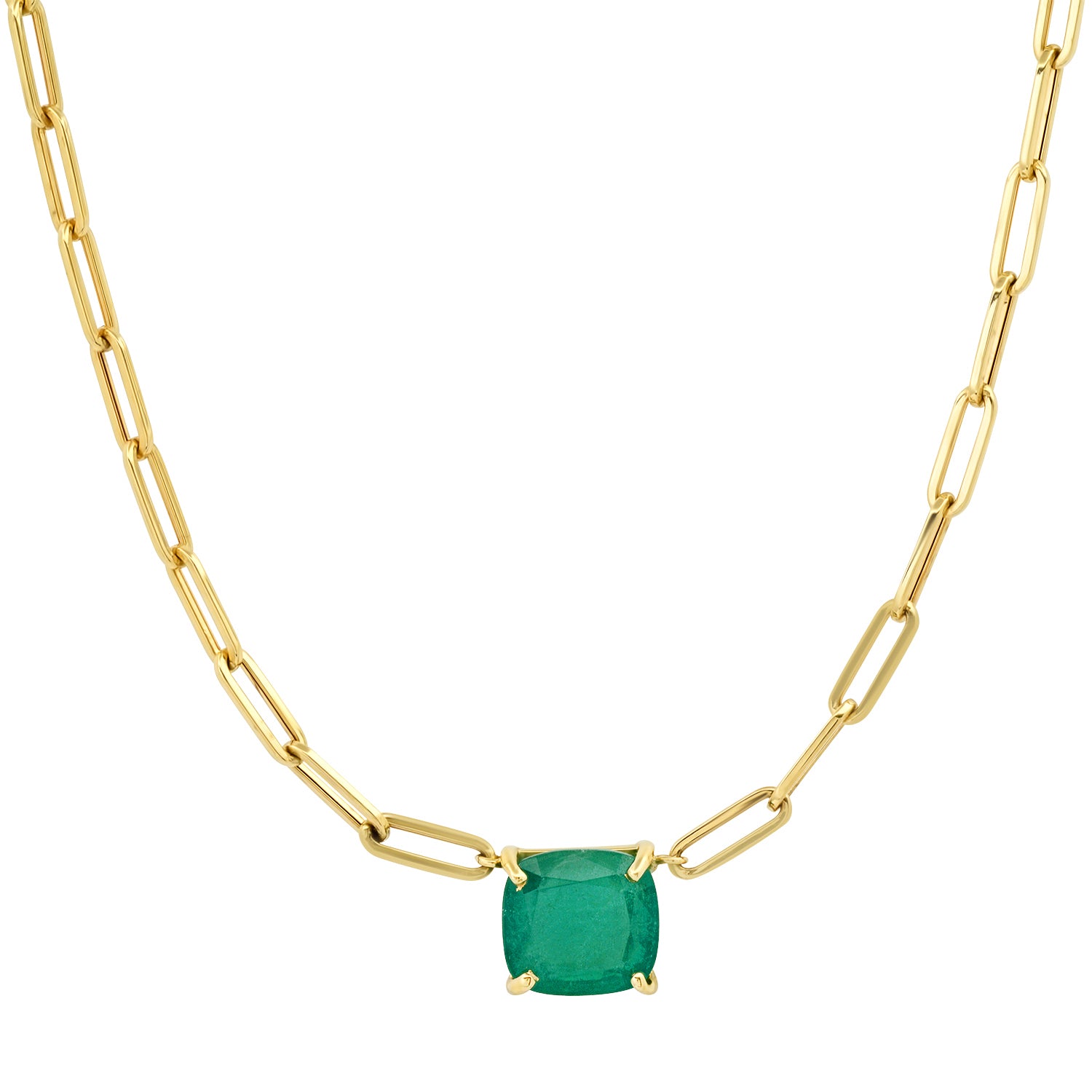 Cushion Cut Emerald on Paperclip Link Chain Necklace