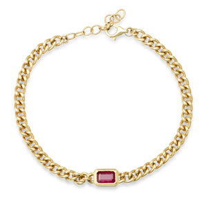 Emerald Cut Ruby with Gold Frame Link Chain Bracelet