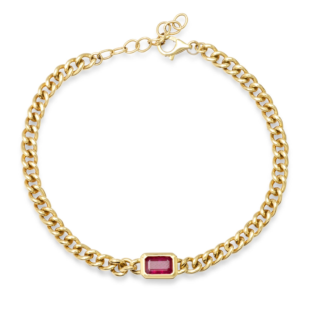 Emerald Cut Ruby with Gold Frame Link Chain Bracelet