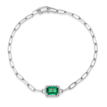 Emerald Cut Emerald with Diamond Halo on Paperclip Chain Bracelet