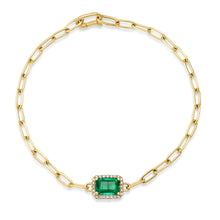 Emerald Cut Emerald with Diamond Halo on Paperclip Chain Bracelet