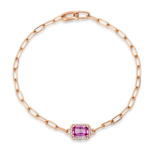 Emerald Cut Pink Sapphire with Diamond Halo on Paperclip Chain Bracelet