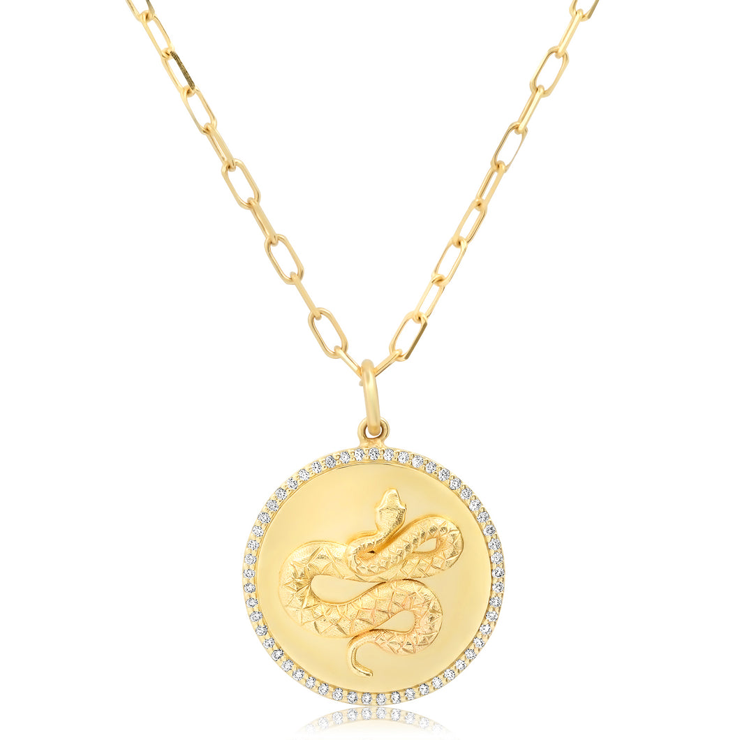 Snake Coin Pendant Necklace with Diamond Frame