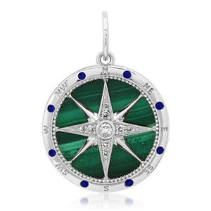 Mother of Pearl or Malachite Compass Pendant Charm with Diamonds and Enamel