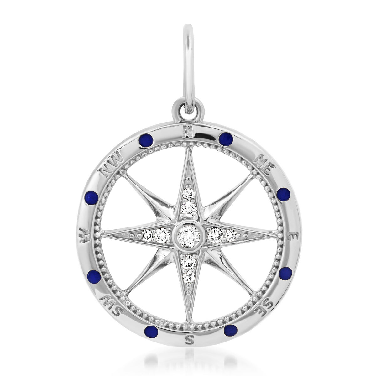 Mother of Pearl or Malachite Compass Pendant Charm with Diamonds and Enamel