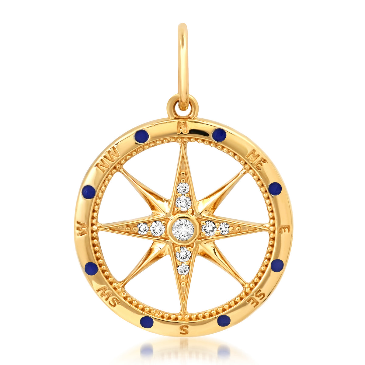 Mother of Pearl or Malachite Compass Pendant Charm with Diamonds and Enamel