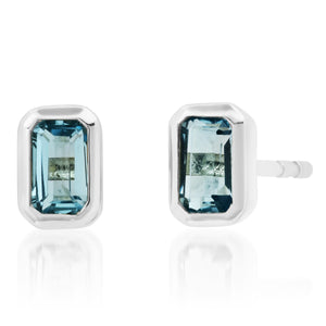 Bezel Set Emerald Cut London Blue Topaz Stud Earrings