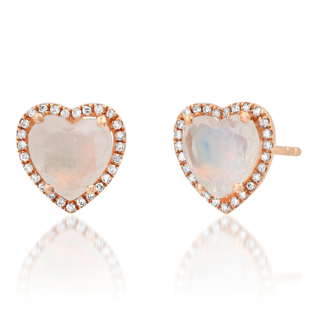 Sparkling Moonstone Heart Stud Earrings with Diamond Frame
