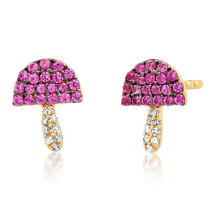 Sweet Pink Sapphire and Diamond Mushroom Stud Earrings