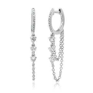 Triple Diamond Chain Drop Huggie Hoop Earrings