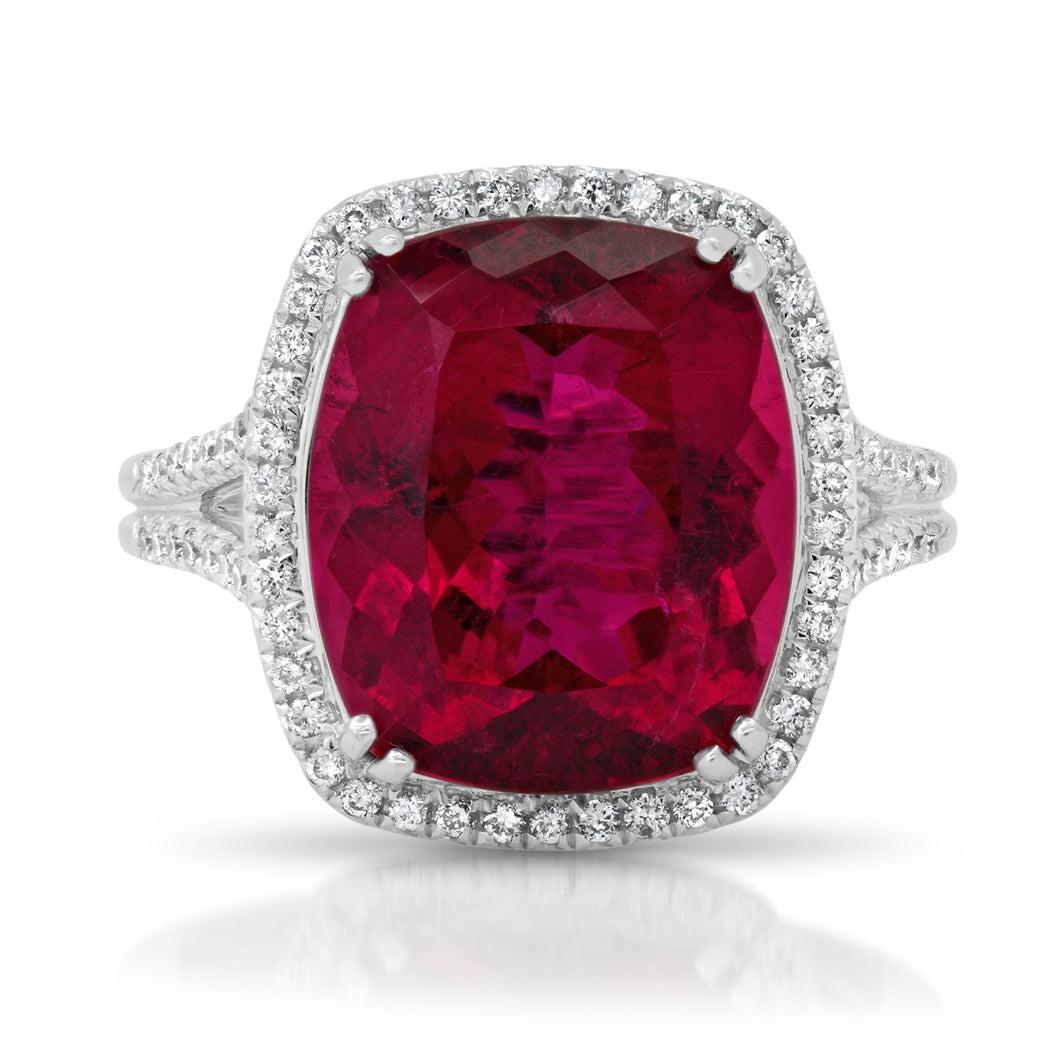 One of a Kind Cushion Cut Rubellite Ring with Diamond Halo