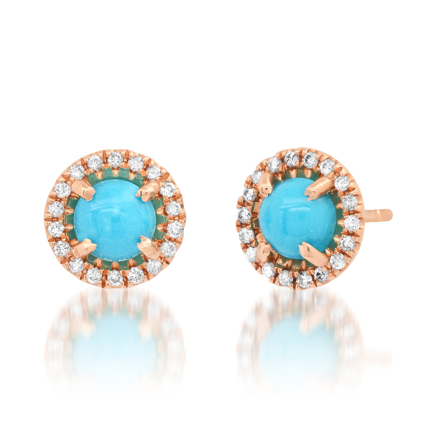 Round Turquoise Stud Earrings with Diamond Frame