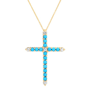 Turquoise & Diamond Cross Pendant Necklace