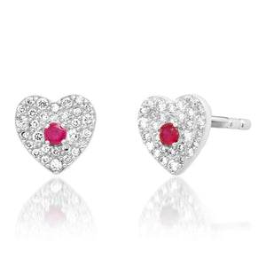 Pave Heart with Gemstone Center Stud Earrings