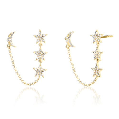Double Pierce Diamond Star & Moon Stud Earrings