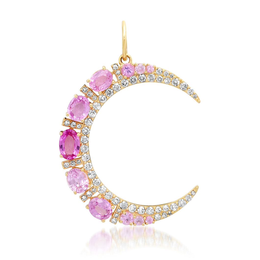 Graduated Pink Sapphire & Diamond Crescent Moon Pendant