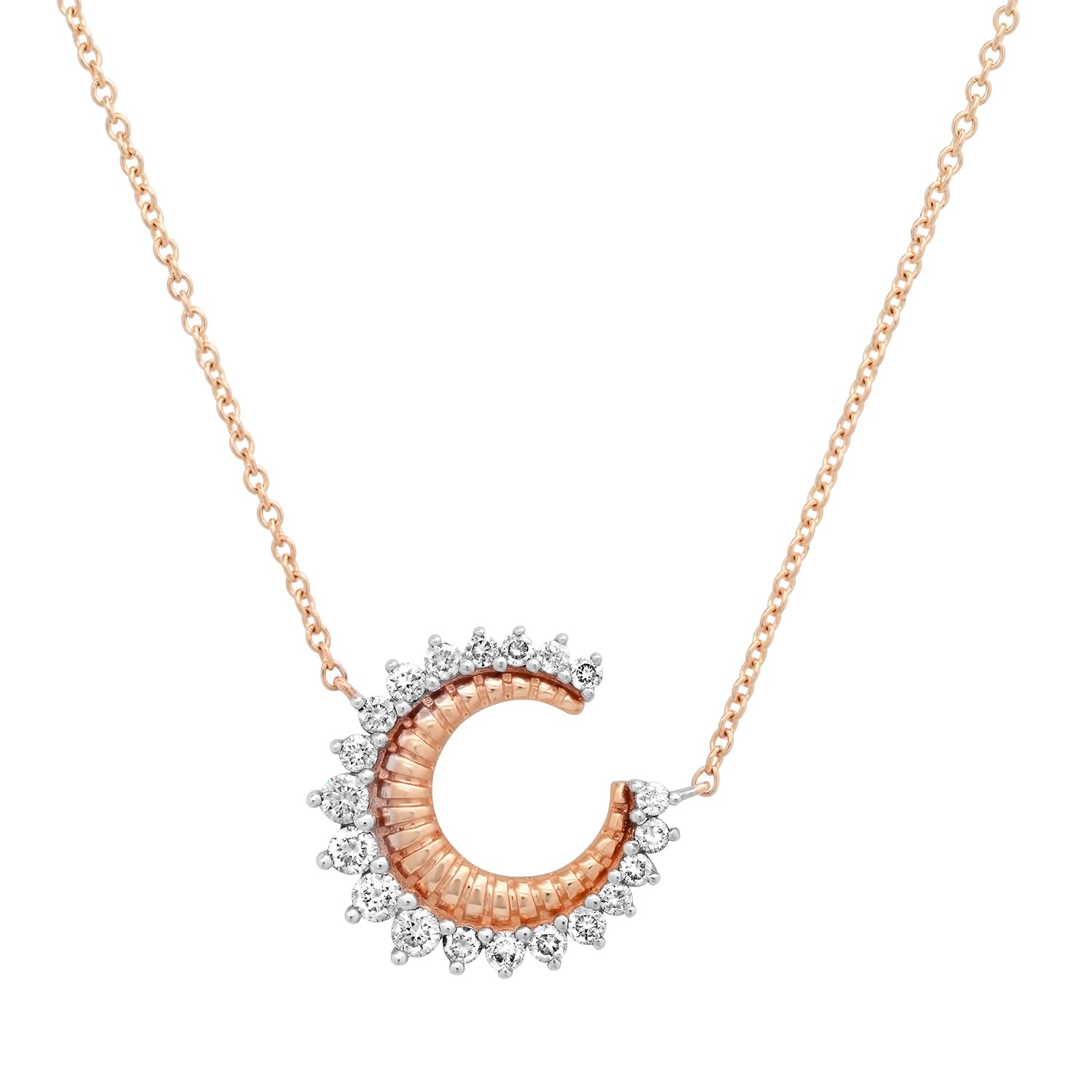 Fluted Diamond Crescent Moon Necklace