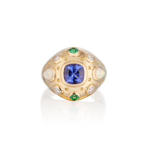 Aster Dome Ring with Tanzanite, Diamonds, Emeralds and Opal Gemstones