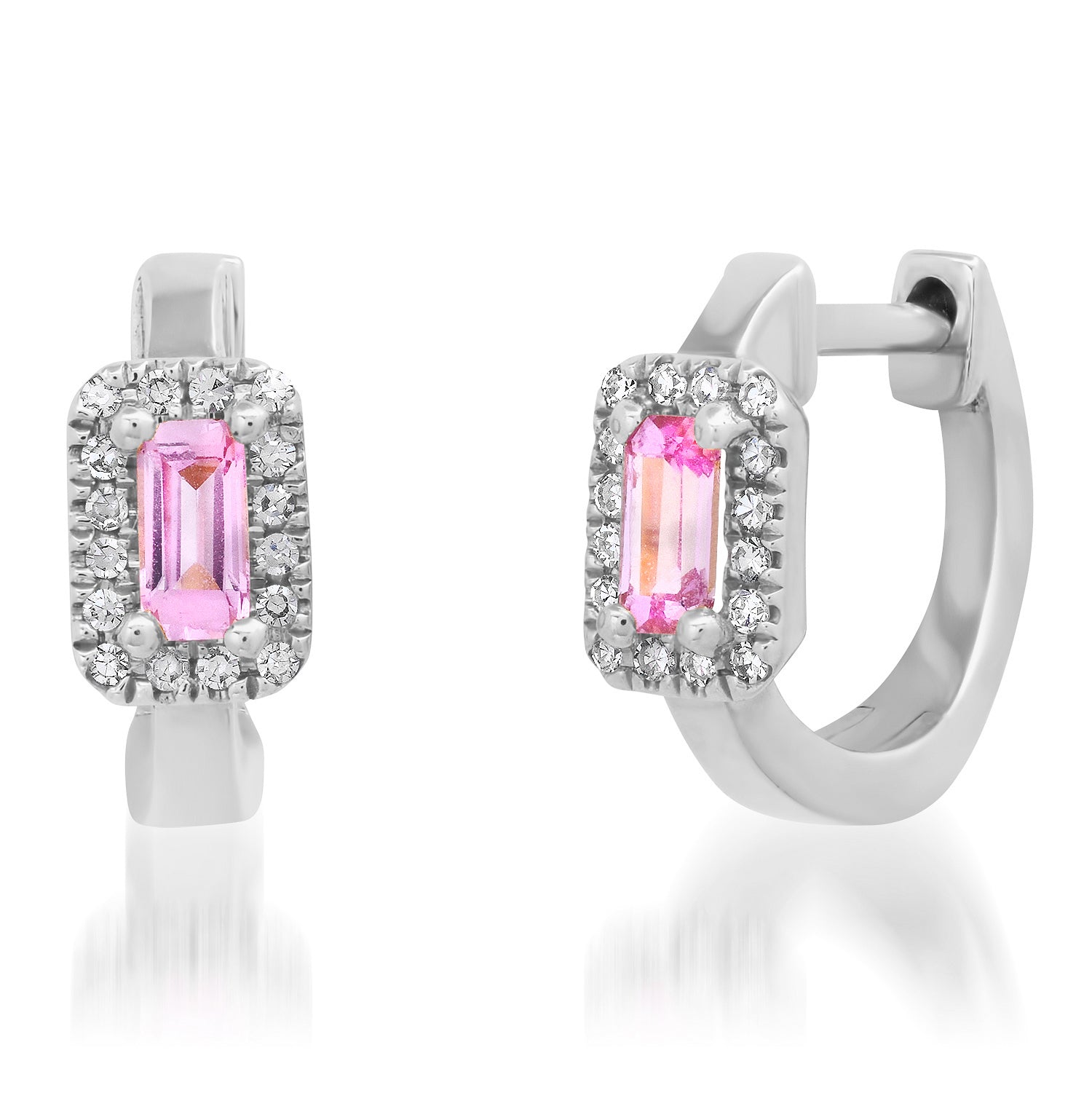 Semiprecious Baguette with Diamond Halo Huggie Earrings