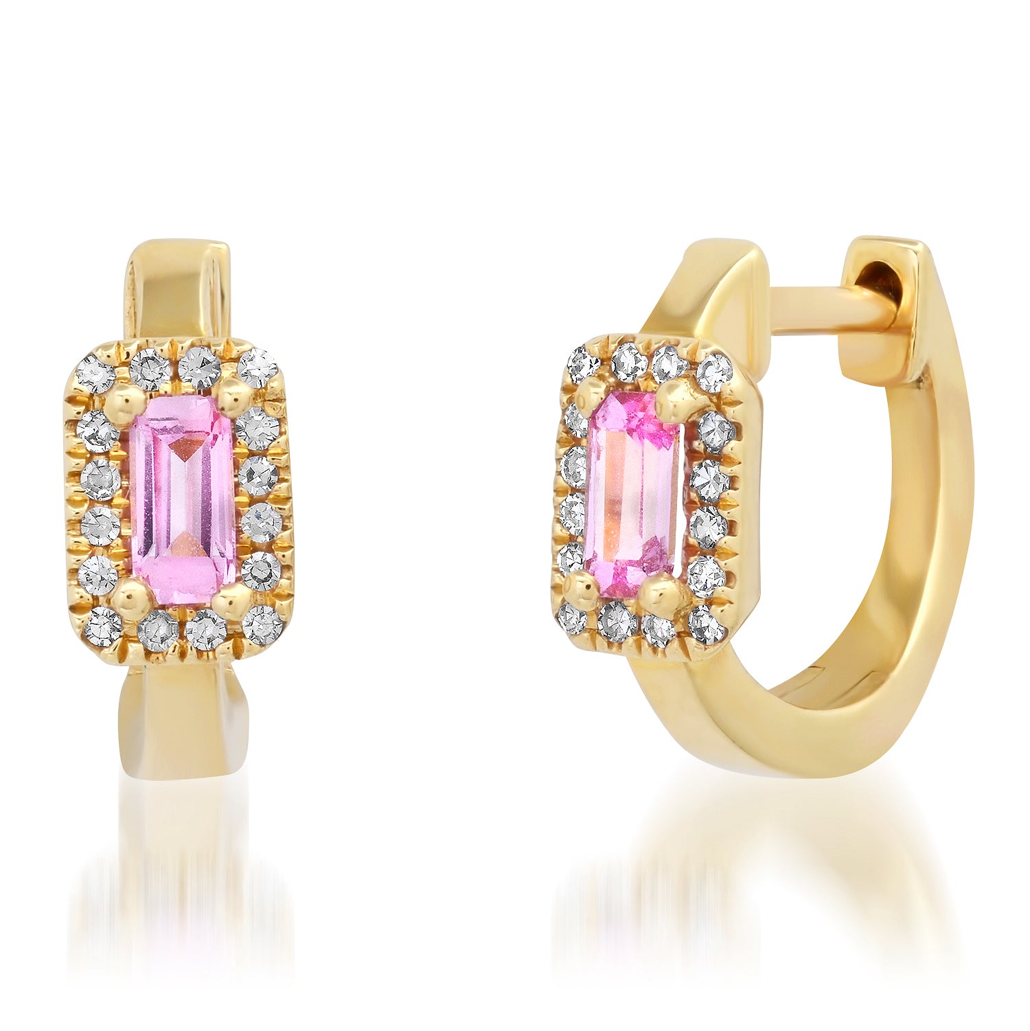 Semiprecious Baguette with Diamond Halo Huggie Earrings