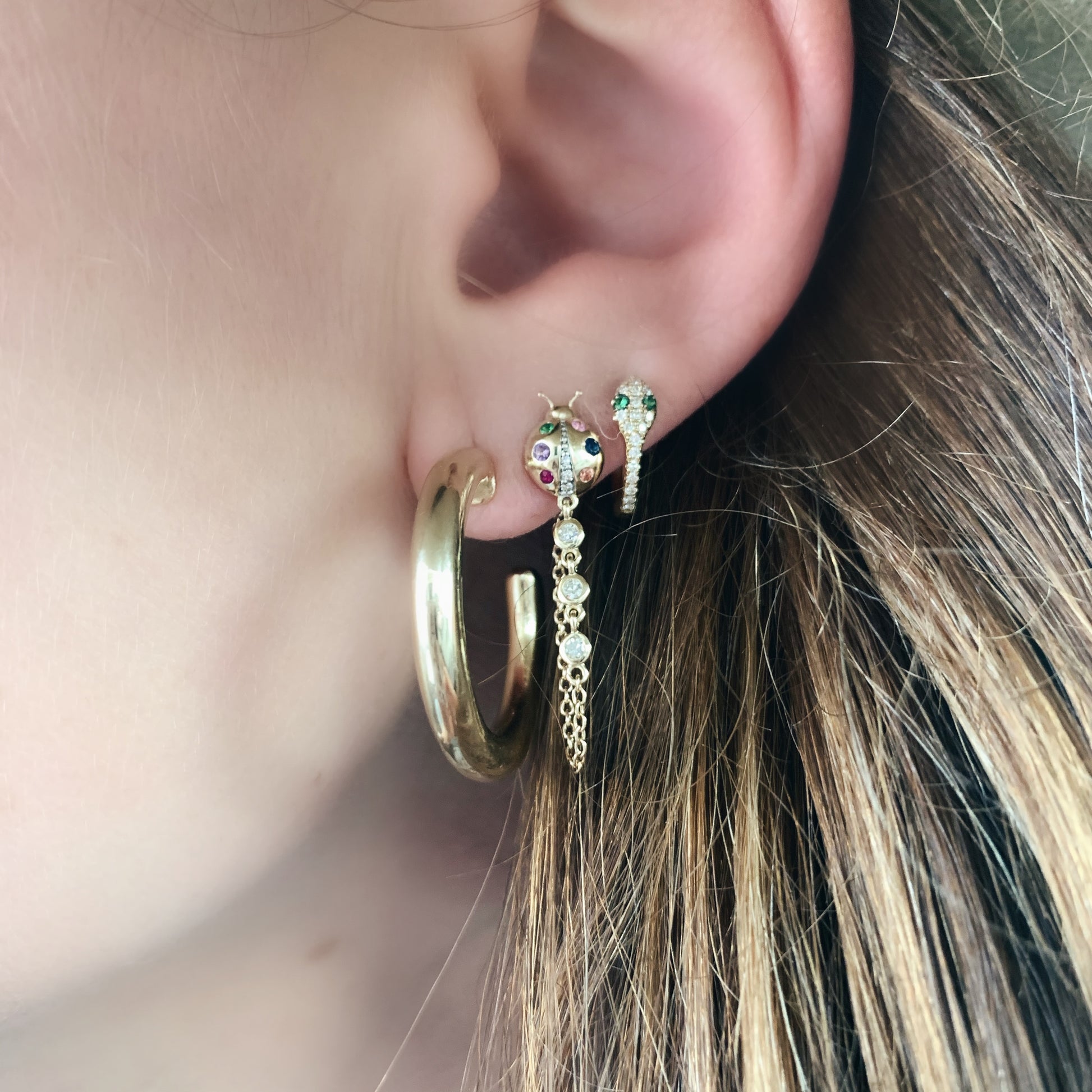 Single Ladybug Stud with Chain Earring
