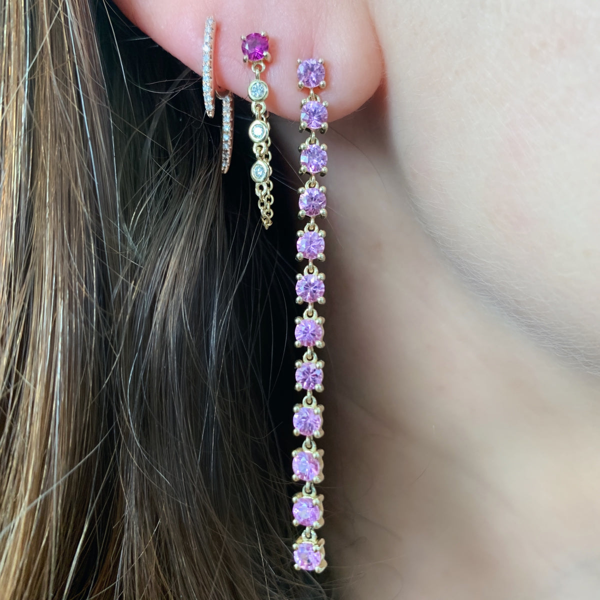 Single Semi-Precious Stone with Diamond Chain Wrap Stud Earring