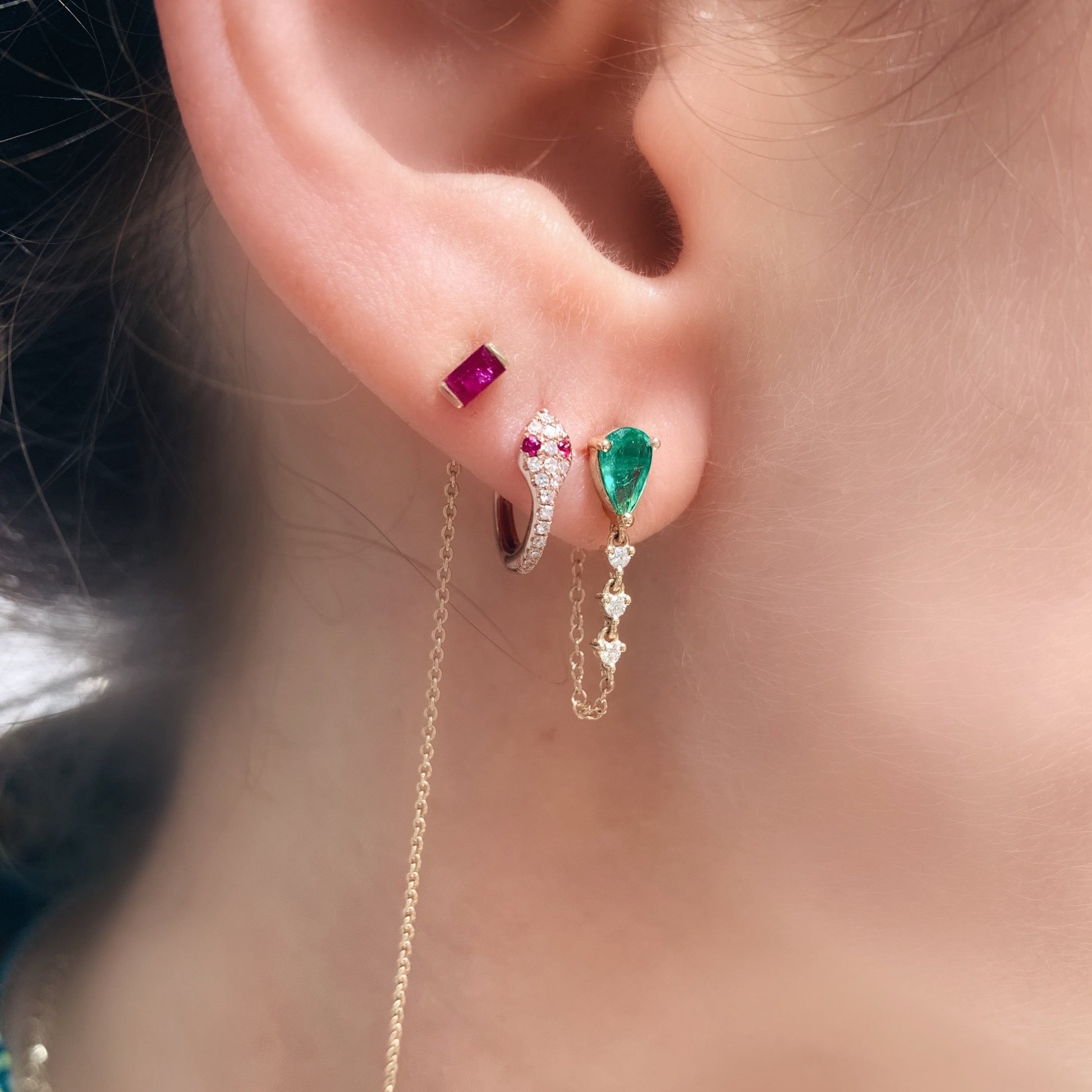 Pear Shape Emerald Stud with Diamond Wrapped Chain